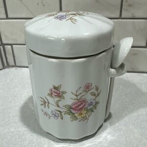 1980’s vtg FTDA Pink Floral Ceramic Canister Jar & Spoon Coffee Sugar Tea Spice